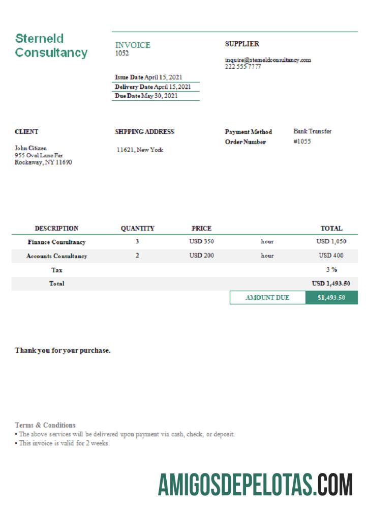 Fatura de consultoria Sterneld dos EUA amostra